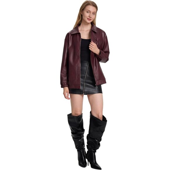 Women's Burgundy Faux Leather Zip-Up Jacket with Elastic Cuffs and Collar - Picture 6 of 6